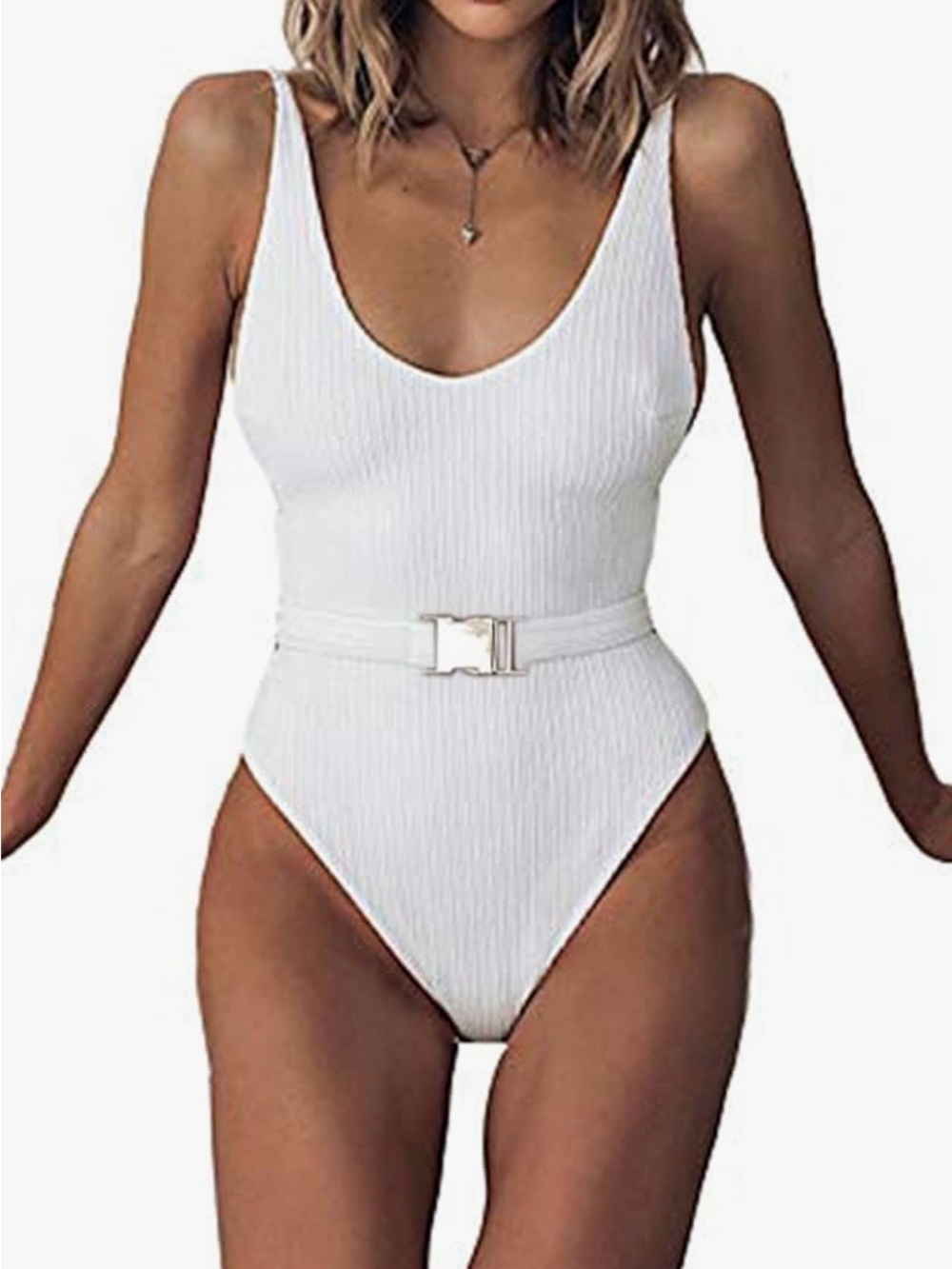 NWT FEIYOUNG (Amazon) White Ribbed Belted One-Piece Swimsuit